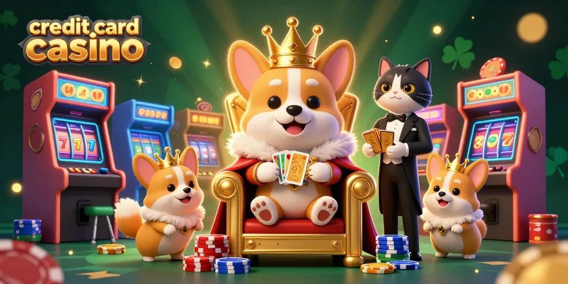 Experience the excitement of a credit card casino with a royal corgi on a throne of poker chips.