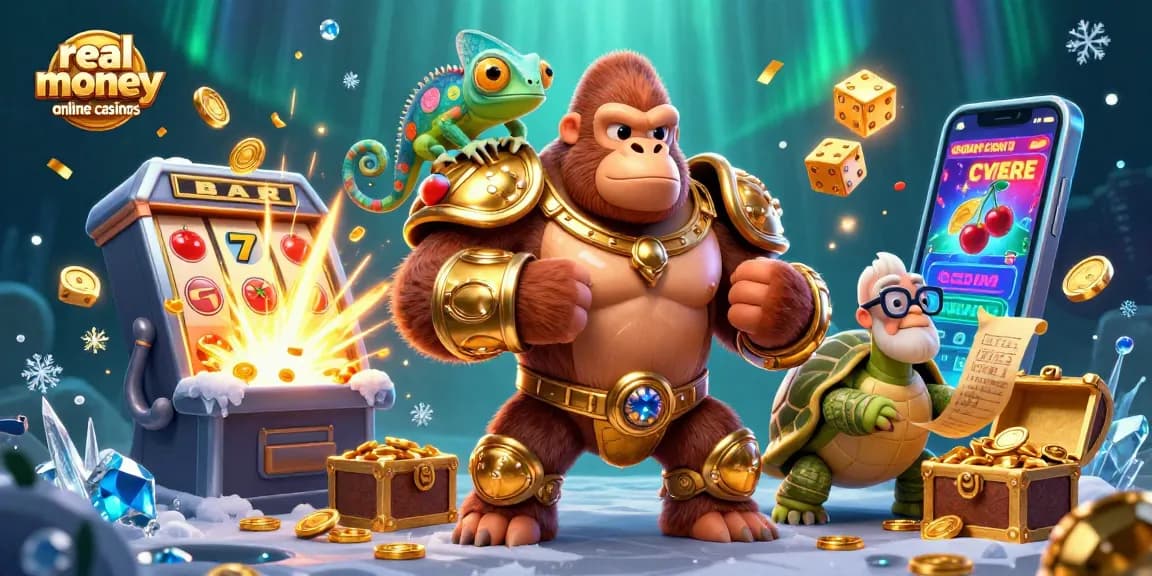 Experience excitement at real money online casinos through a vibrant 3D scene featuring a powerful gorilla king.