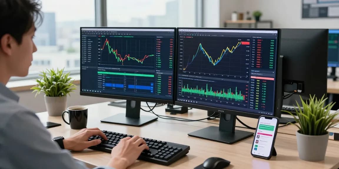 Trader analyzing forex data on MetaTrader 4 in a modern office setting