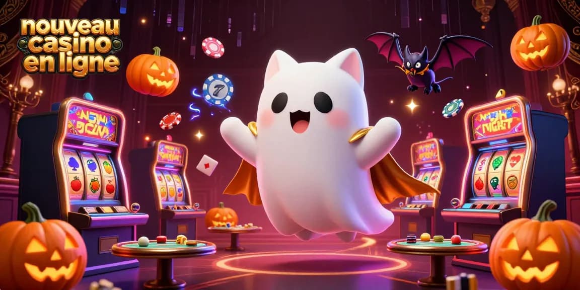 Illustration captivante d'un nouveau casino en ligne avec un chat fantôme et des éléments de jeux.