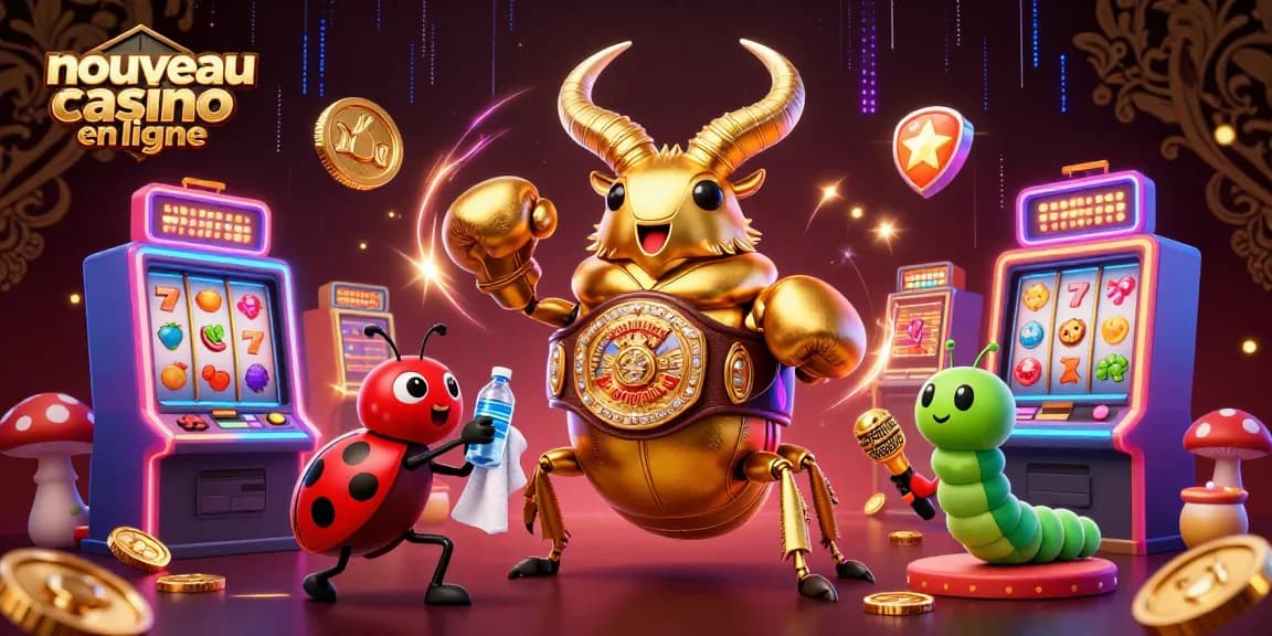 Illustration 3D d'un nouveau casino en ligne avec un scarabée géant et des machines à sous colorées.