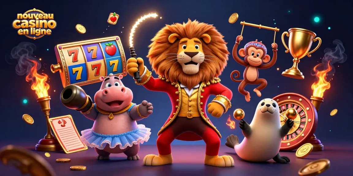 Vivez l'excitation d'un nouveau casino en ligne avec un lion cracheur de feu et ses compagnons dans une scène animée.