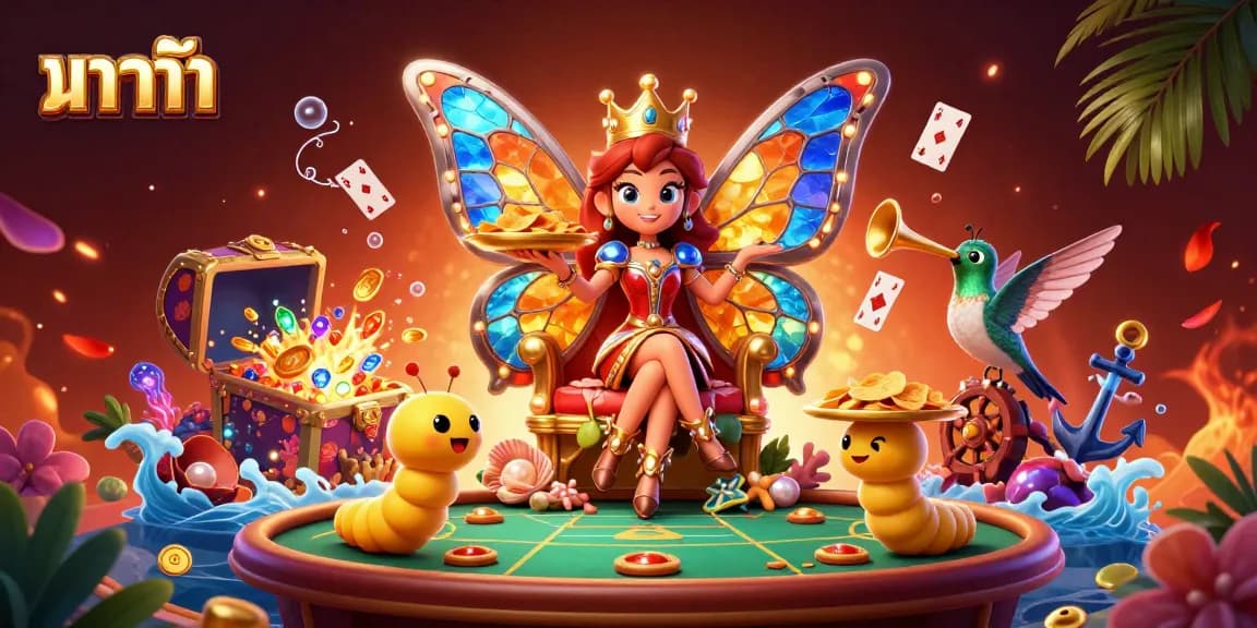 Engage in baccarat action with a vibrant butterfly queen and lively casino elements.