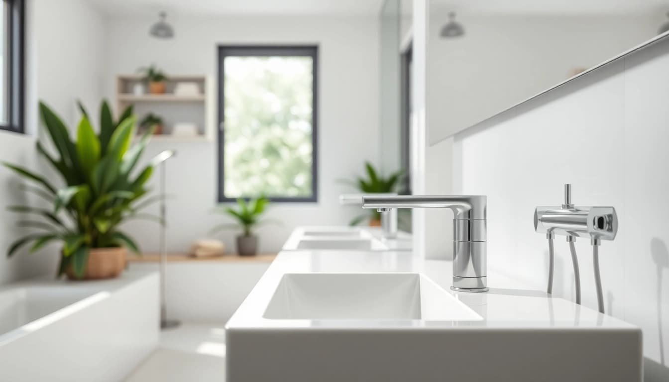 Die sonni sanitär GmbH installiert moderne Badezimmerarmaturen in einem eleganten Badezimmer.