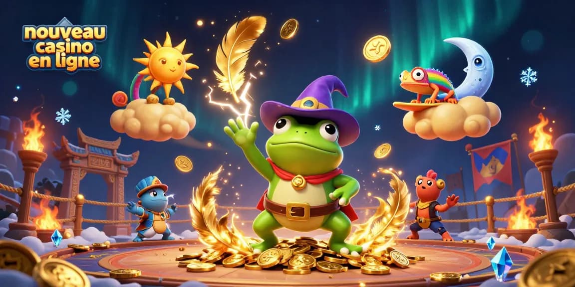 Découvrez le nouveau casino en ligne avec une illustration dynamique mettant en scène des personnages colorés et des éléments de jeu.