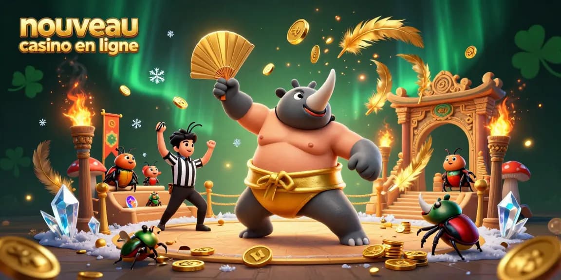Illustration 3D montrant un rhinocéros japonais sumo champion au nouveau casino en ligne, jetant des pièces d'or.