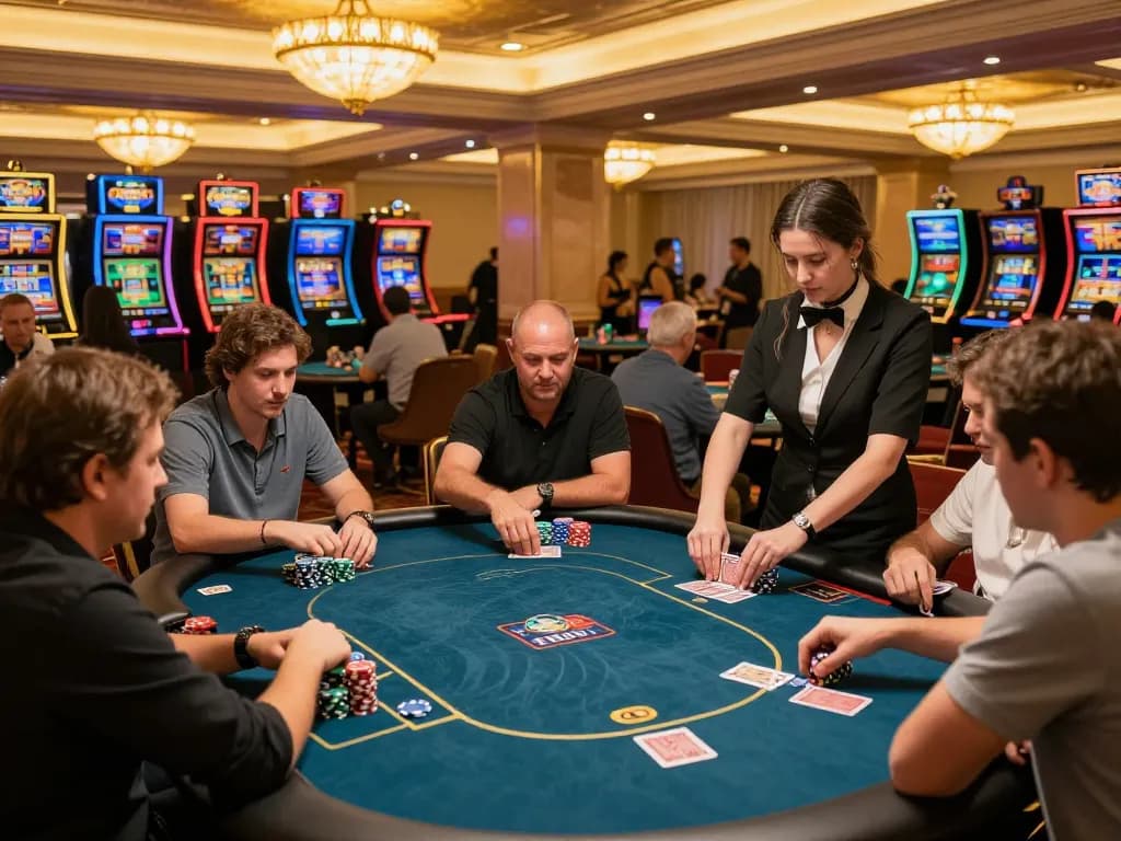 Players strategizing at a high-stakes poker table in non gamstop casinos, vibrant atmosphere, engaged gameplay.