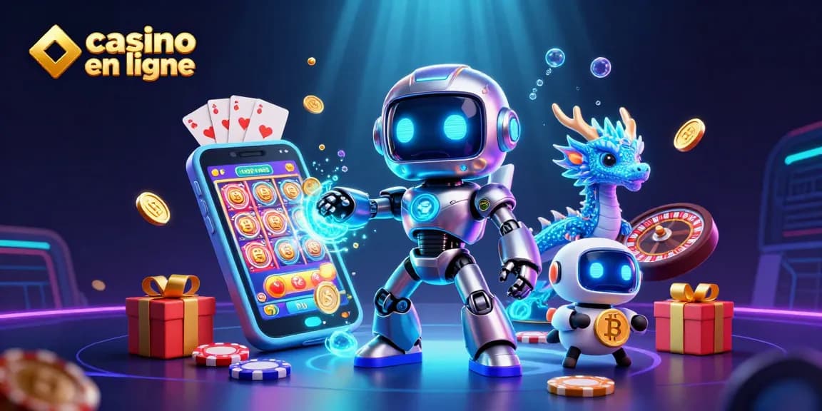 Casino en ligne avec un robot futuriste et un dragon holographique excitant parmi des jeux de hasard virtuels.