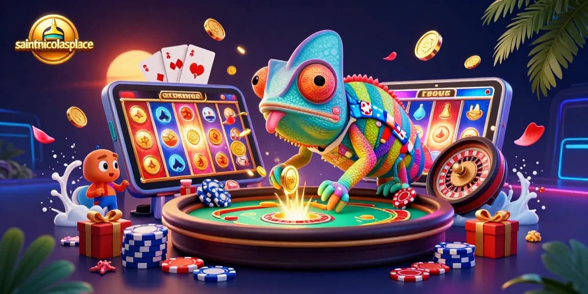 Experience gaming excitement at saintnicolasplace with vibrant slot games and coins flying in a dynamic casino scene.