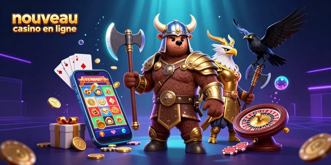 Vivez l'expérience d'un nouveau casino en ligne avec un ours viking et une aigle, entourés de jeux de casino colorés.