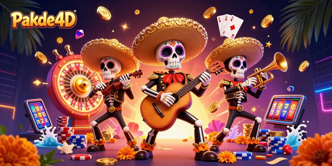 Pakde4D showcases a vibrant casino scene with mariachis celebrating big wins amid dazzling gaming elements.