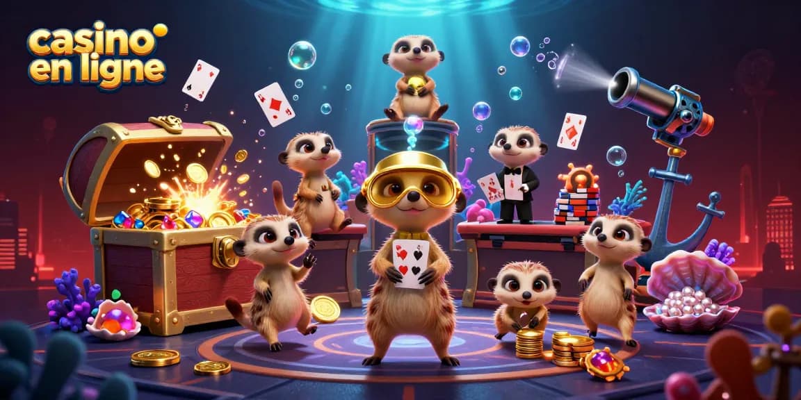 Plongez dans l'univers du casino en ligne avec une illustration de suricates animés gérant un casino extravagant.