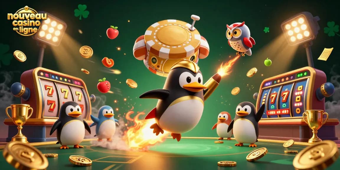 Découvrez un nouveau casino en ligne avec un pingouin doré d'une fusée, des pièces d'or et des éléments de machines à sous.