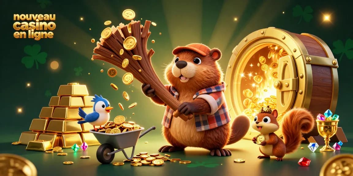 Cette illustration met en avant un nouveau casino en ligne, où un castor scie un arbre sous une pluie de pièces d'or.