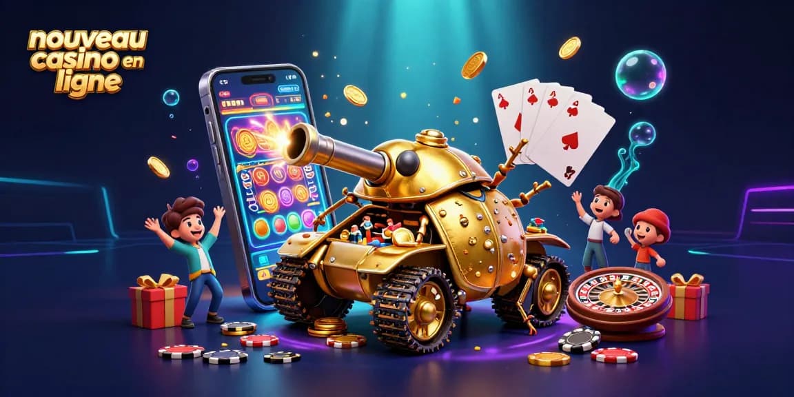 Illustration captivante représentant un nouveau casino en ligne avec un tank en forme de scarabée doré.
