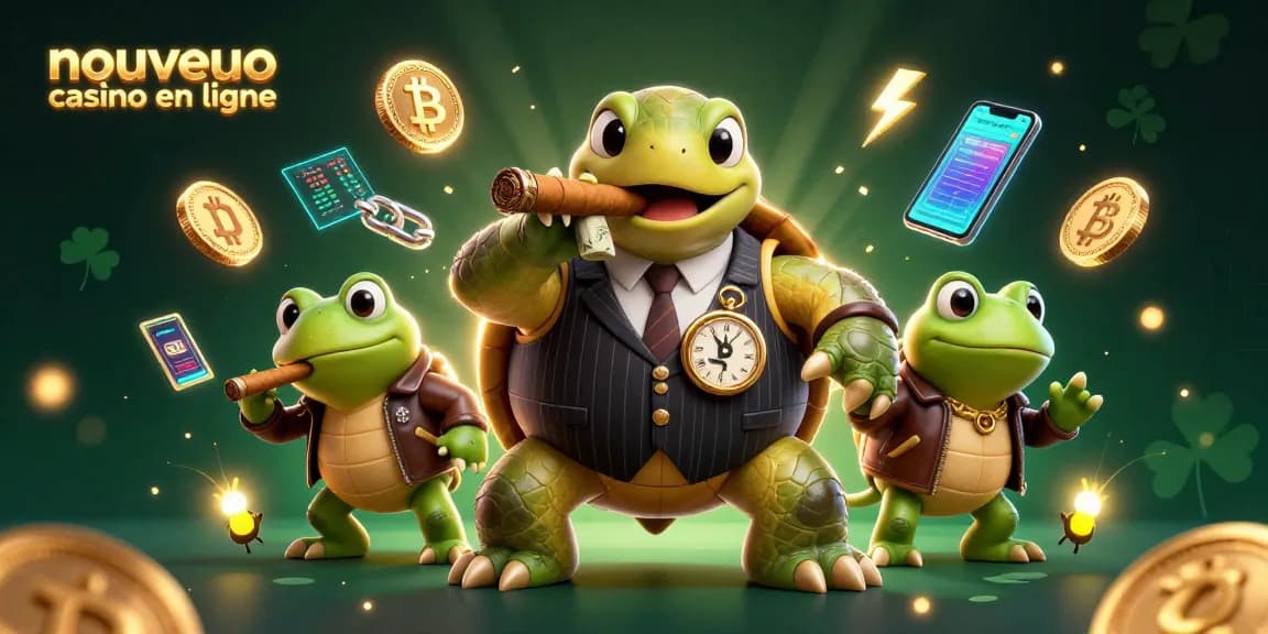 Illustration captivante avec un casino en ligne nouveau, incluant une tortue massive en costume d'escroc, des pièces de crypto-monnaie et des éléments de jeux d'argent.