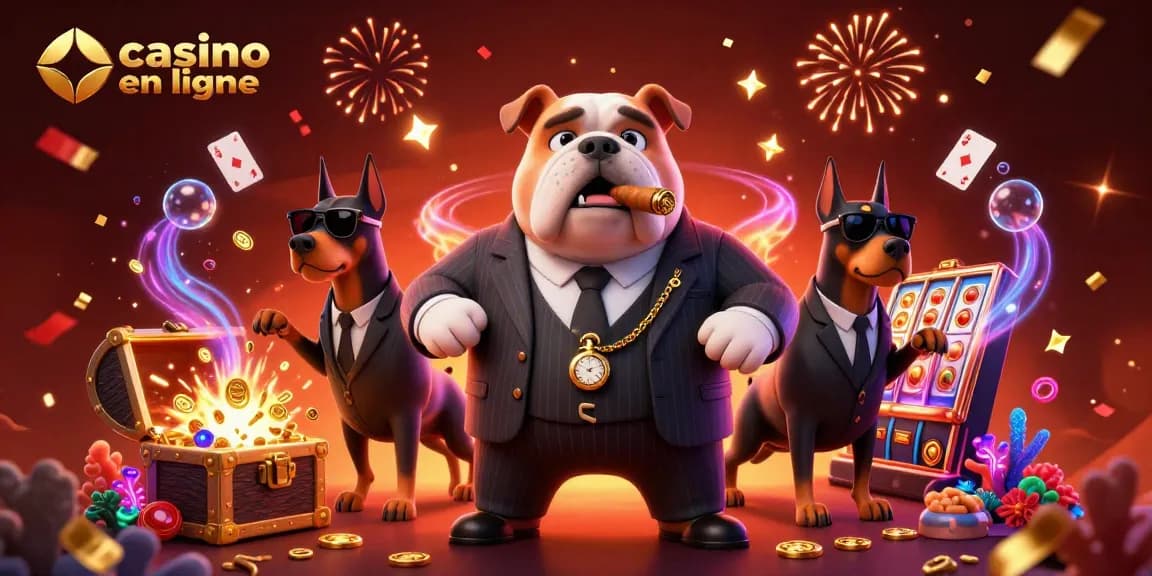 Vivez l'excitation du casino en ligne avec le bulldog en chef et ses gardes dans une scène colorée et dynamique.