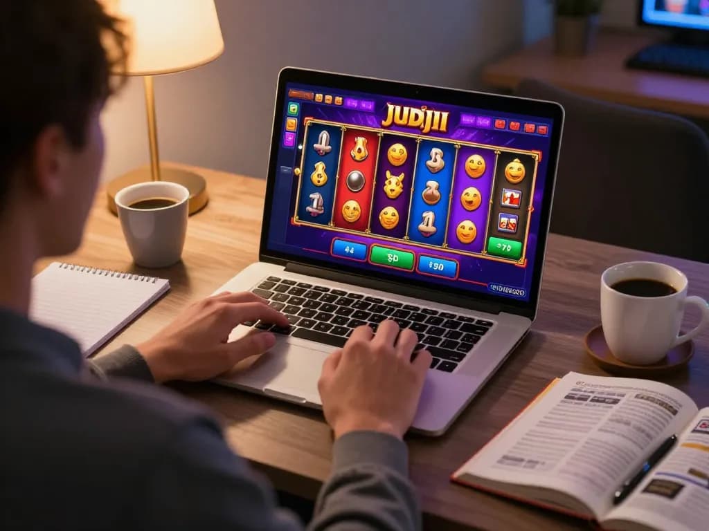 Watch players engage in judi slot gameplay online at home, showcasing vibrant graphics and strategic notes.
