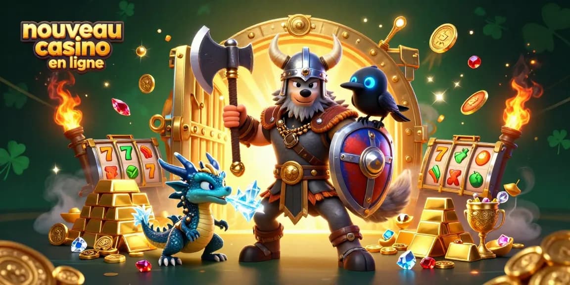 Découvrez l'animation du nouveau casino en ligne avec un guerrier viking et un dragon, illustrant l'excitation du jeu.