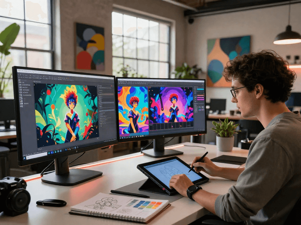Artist creating engaging nsfw ai artwork in a modern digital studio.