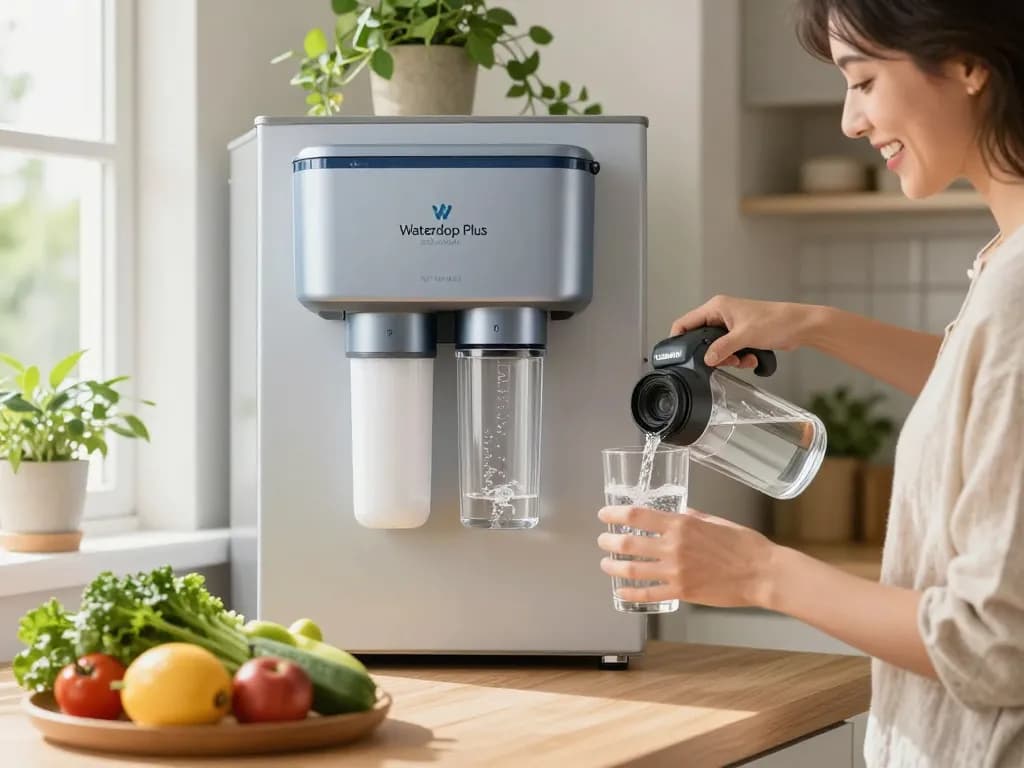 Person pouring water from a Waterdrop Plus 5231JA2002A NSF 401&53 Refrigerator Water Filter in a bright kitchen