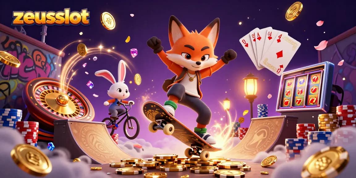 Experience zeusslot thrills with a dynamic fox and rabbit duo amid casino splendor.