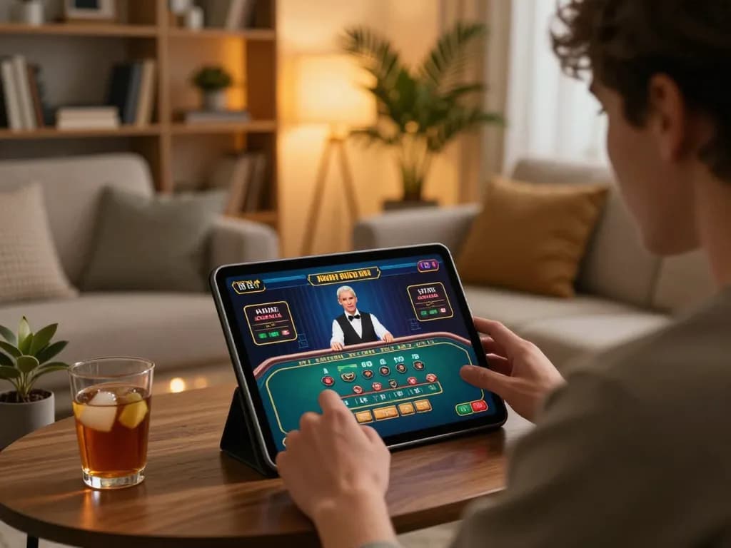 Player enjoying casinò online italiani non aams on tablet in a cozy living room.
