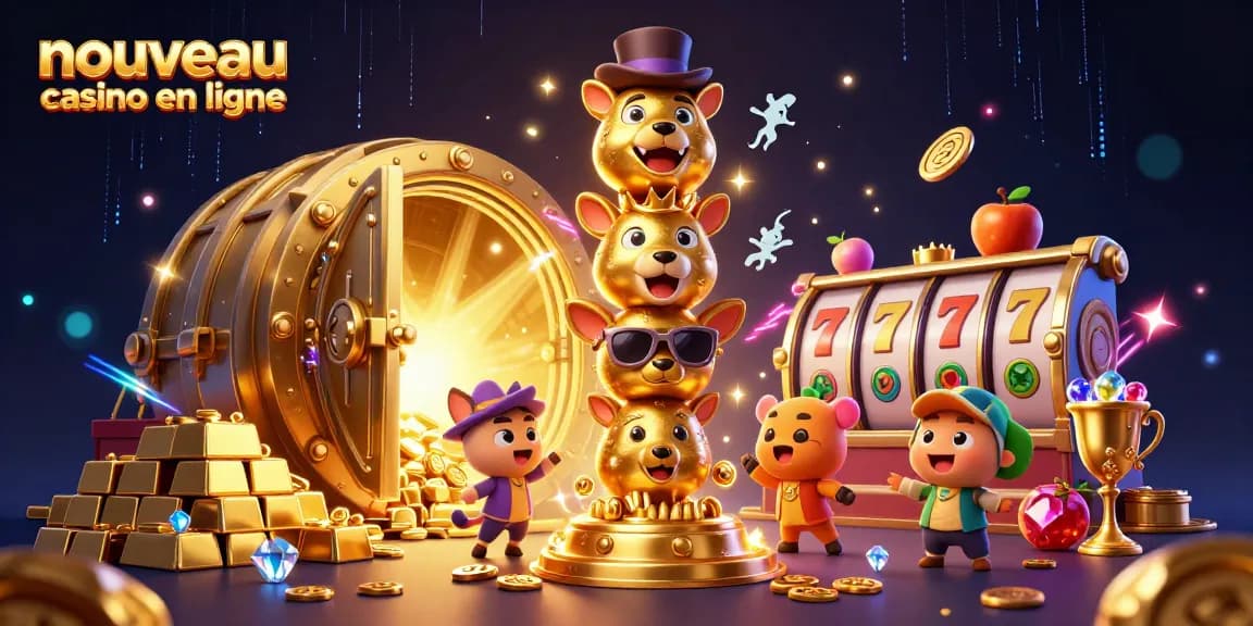 Illustration dynamique représentant un totem de casino en ligne, trésors brillants, et éléments de jeux fascinants.