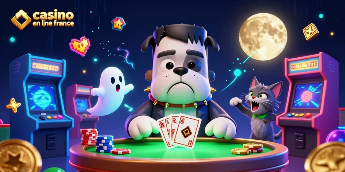 Jouer au casino en ligne France avec un bulldog Frankenstein et une ambiance festive de casino.