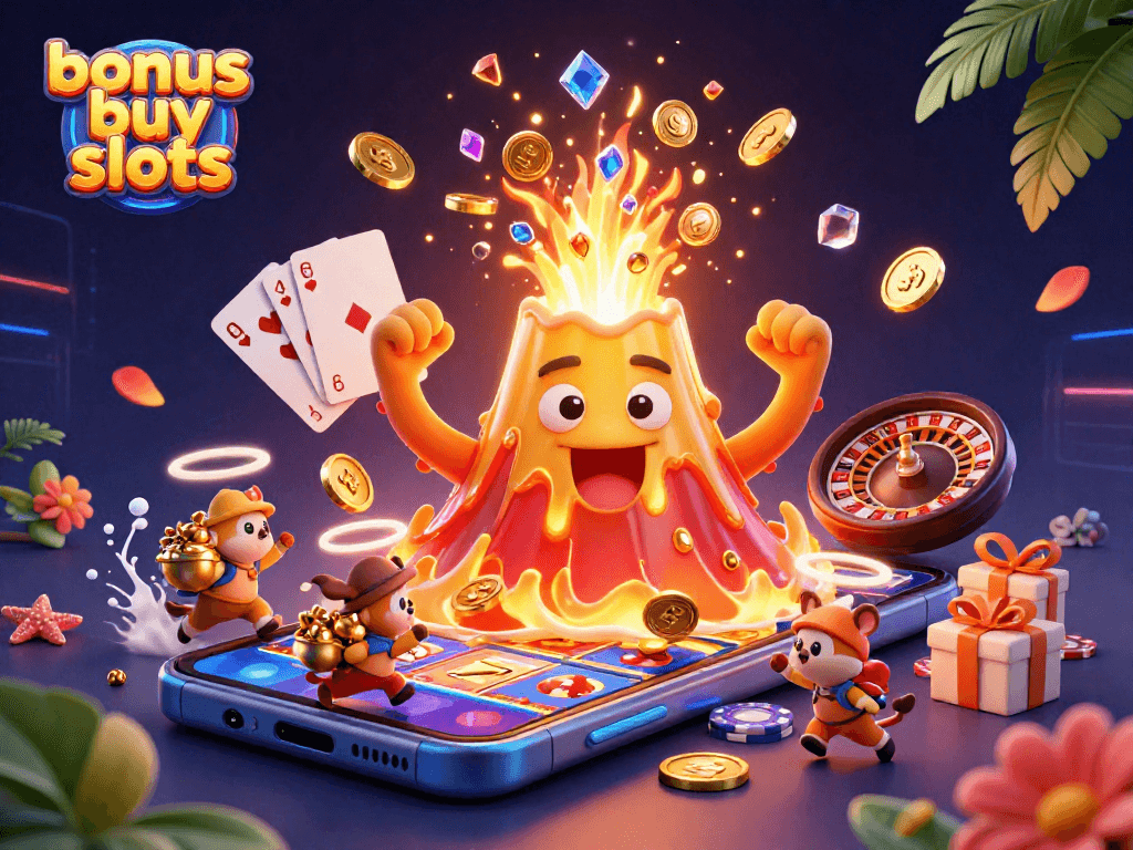 Experience the thrill of bonus buy slots with a golden volcano erupting treasures, adding excitement to your gaming.