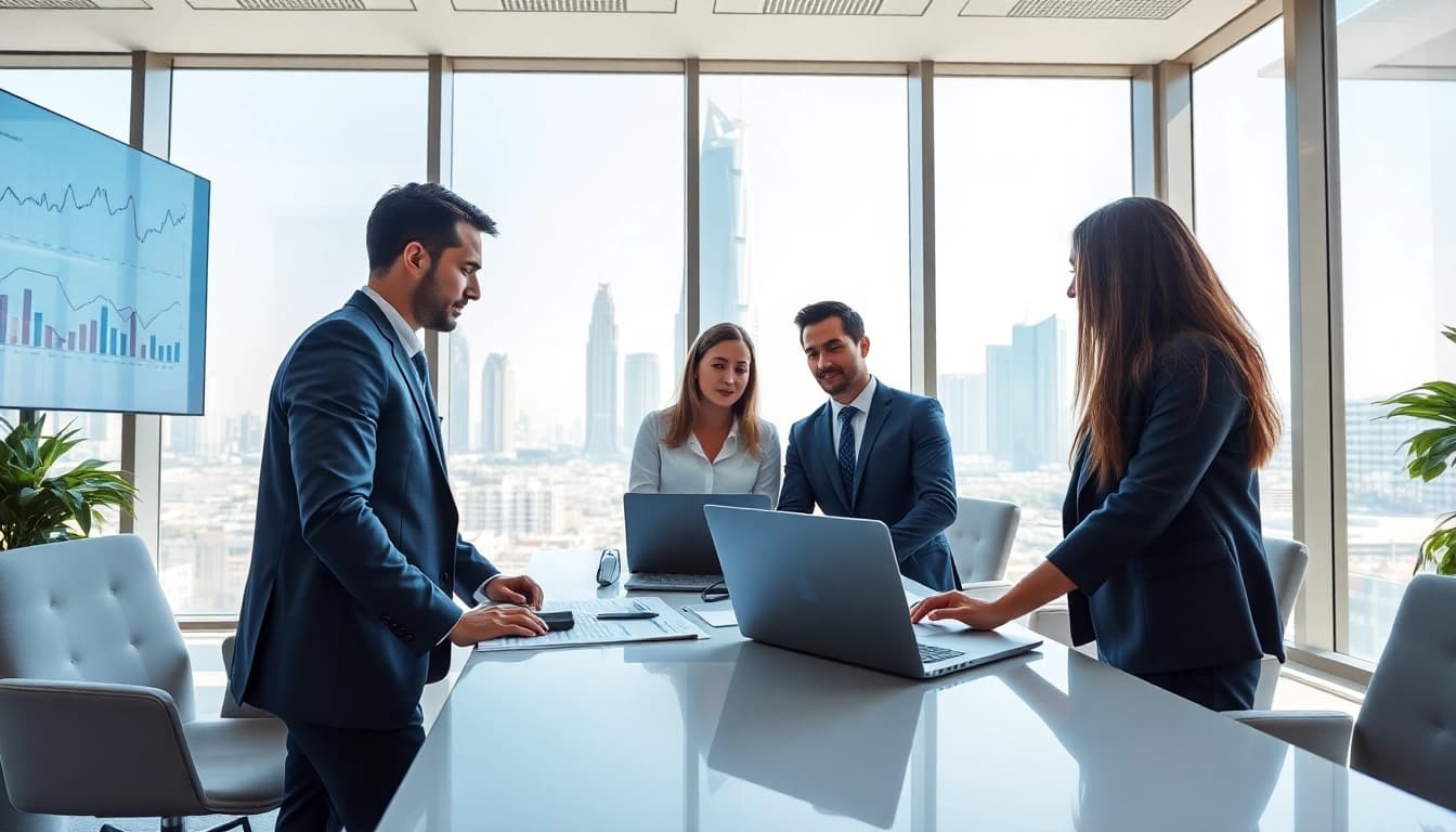 Accounting Services in Dubai showcased in a modern office with professionals collaborating over financial documents.