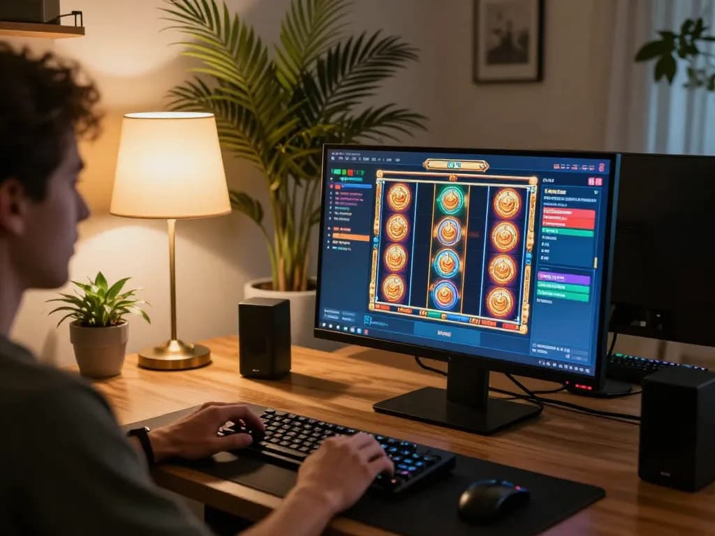 Nohu player spins slot reels in a cozy gaming setup, showcasing vibrant online gameplay.