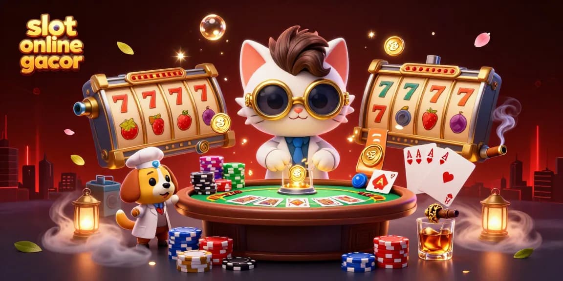 Engage in thrilling slot online gacor with unique gameplay in a vibrant cartoon-style casino illustration.