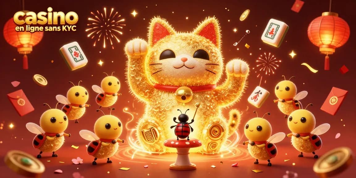 Des feux follets dorés formant un chat porte-bonheur au sein d'un casino en ligne sans KYC, aux éléments flamboyants.