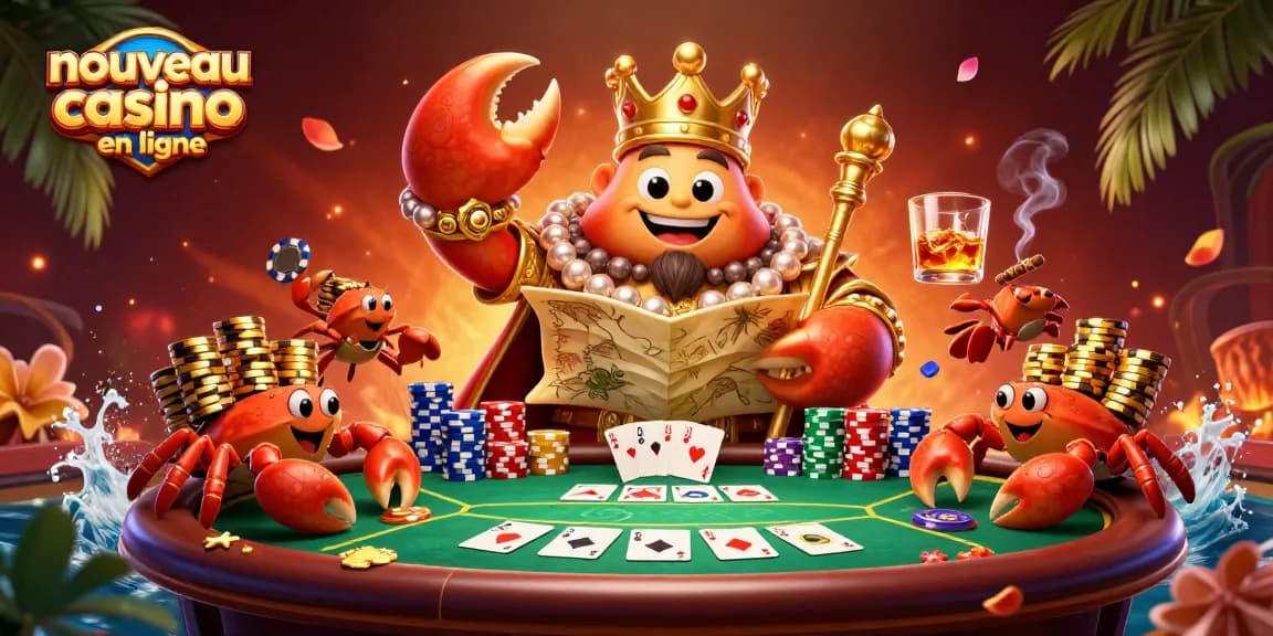 Célébrez le nouveau casino en ligne avec un crabe doré majestueux et des éléments de poker captivants.