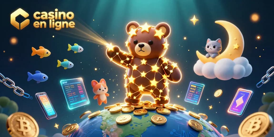 Profitez du casino en ligne avec des étoiles dorées et des pièces brillantes dans une scène animée.