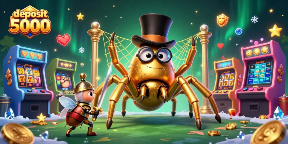 Spin the reels with deposit 5000 in this vibrant casino adventure featuring a golden tarantula and beetle knight.
