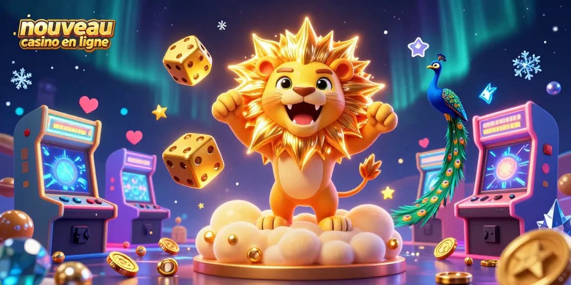 Un lion solaire rugissant dans un nouveau casino en ligne, entouré de dés dorés et de machines à sous colorées.