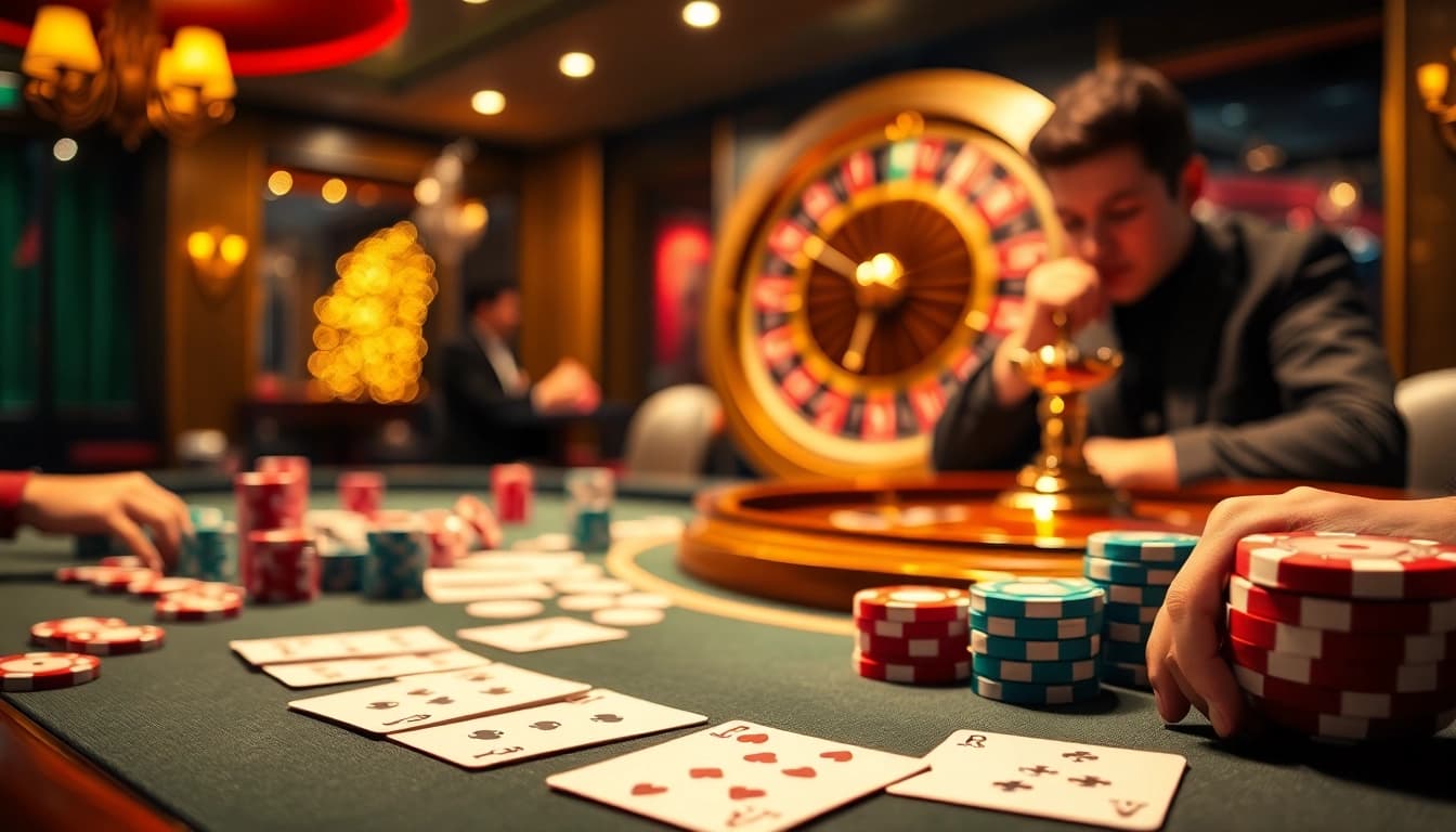 Experience thrilling poker action in a luxurious casino environment, showcasing rikvip uy tín.