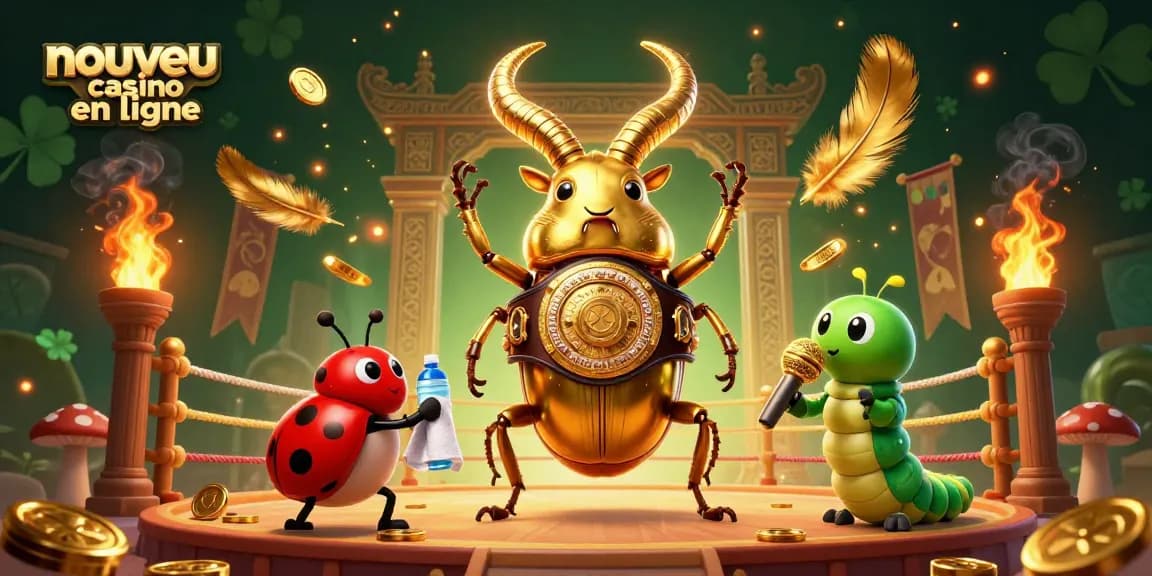 Illustration d'un nouveau casino en ligne avec un scarabée doré et des éléments de jeu captivants.