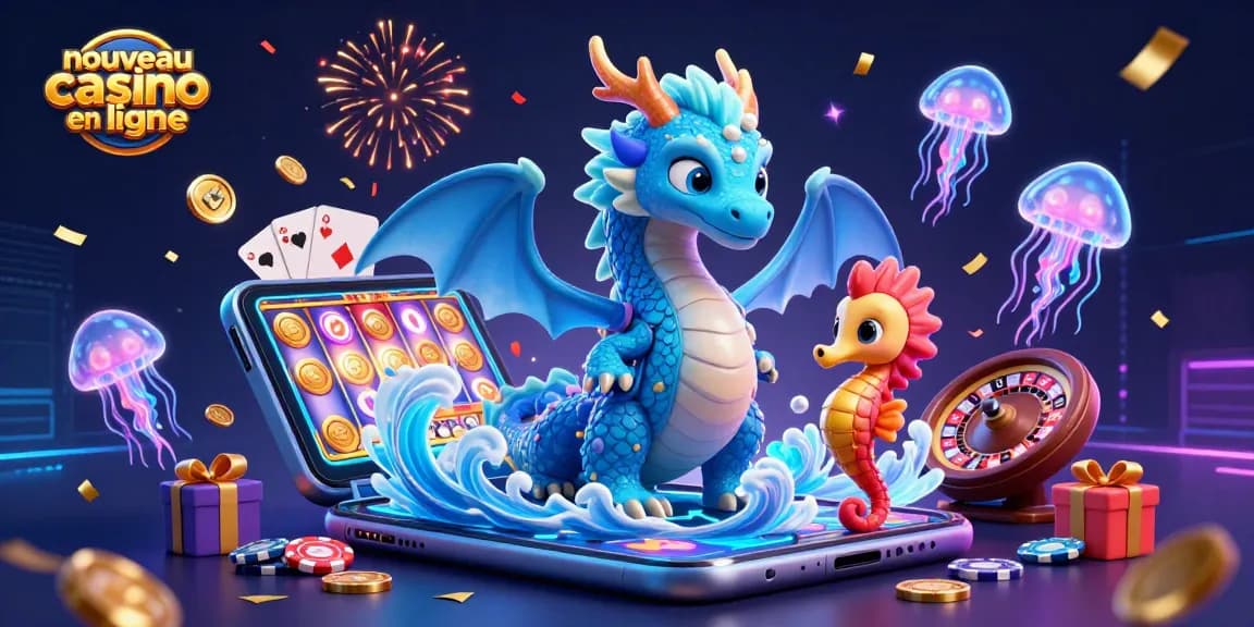 Plongez dans un nouveau casino en ligne avec un dragon azur et des éléments de jeu vibrant.