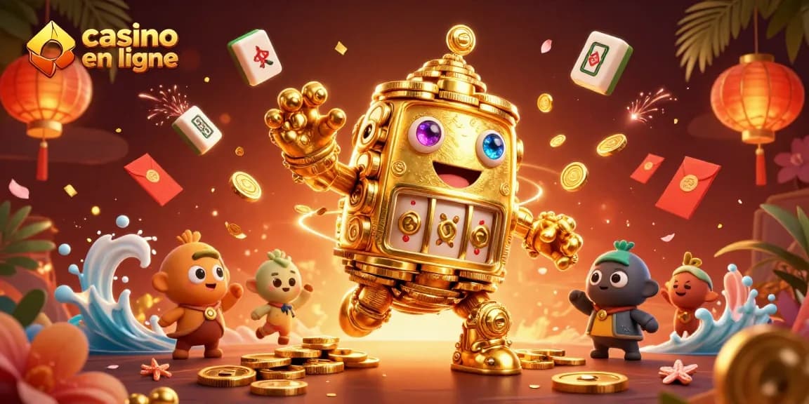 Jouez au casino en ligne avec un golem d'or vibrant parmi des symboles porte-bonheur.