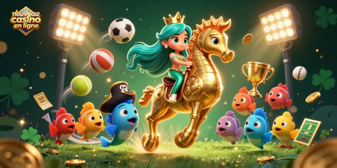 Profitez d'un nouveau casino en ligne avec des éléments marins et des ballons sportifs créatifs dans une ambiance colorée.