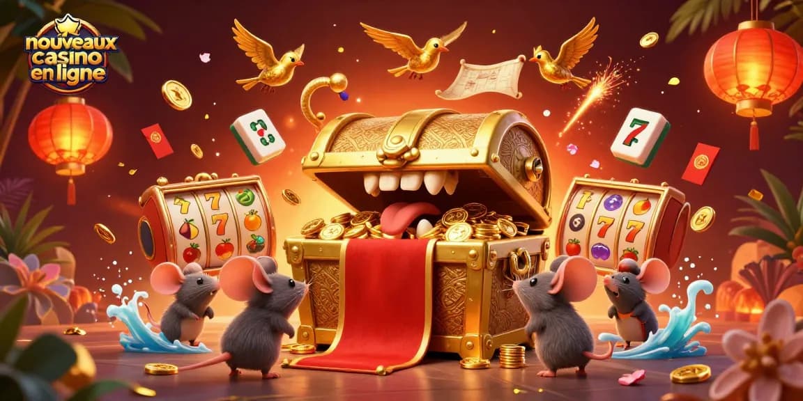 Image illustrant les nouveaux casinos en ligne, avec un coffre à trésor attirant et des éléments de jeux d'argent.