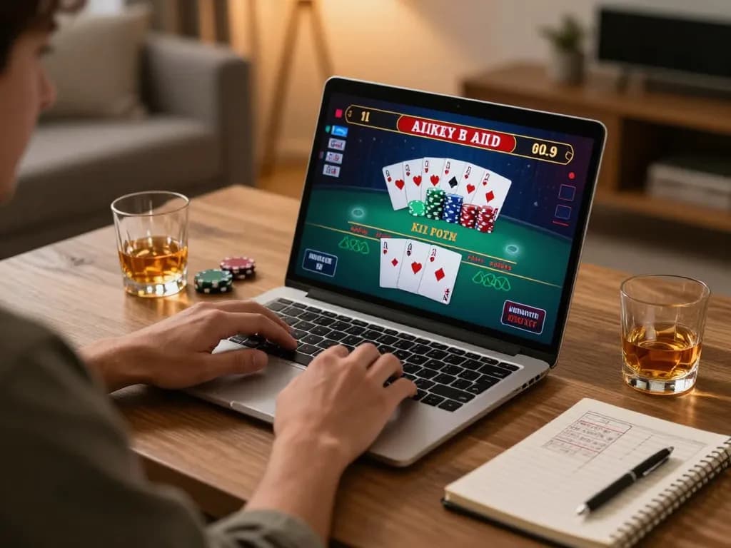 A player engaging in online blackjack at home using 388bet, showcasing strategy notes and a cozy atmosphere.