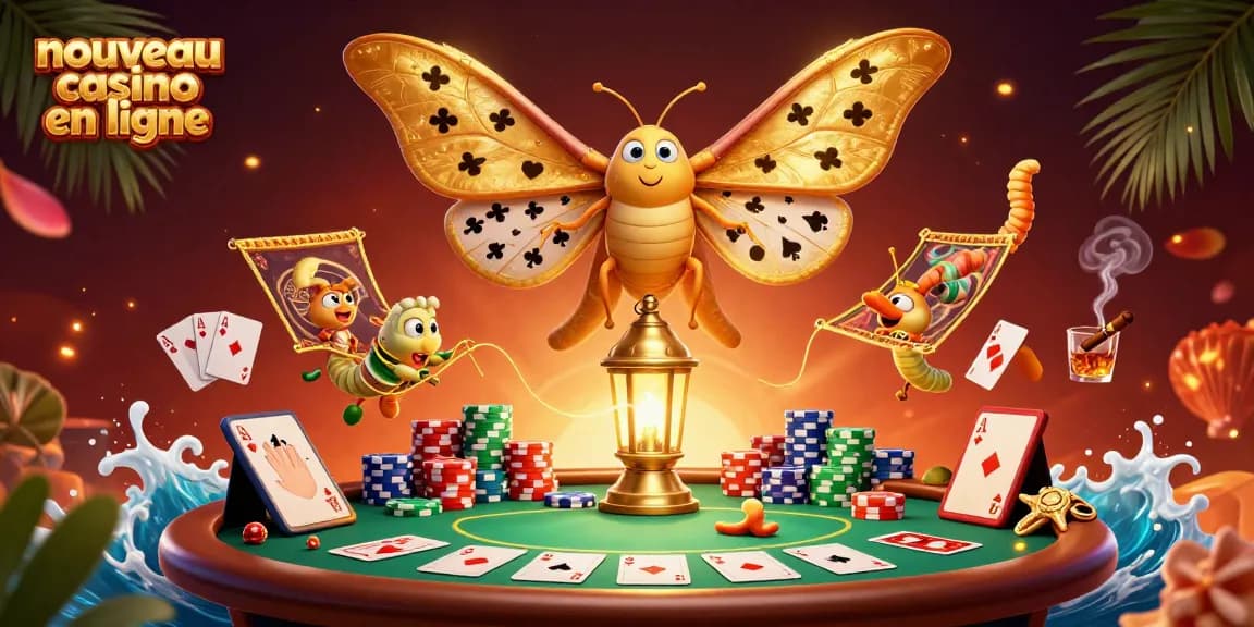 Jouer au nouveau casino en ligne avec une illustration captivante de poker, cartes et éléments de casino.