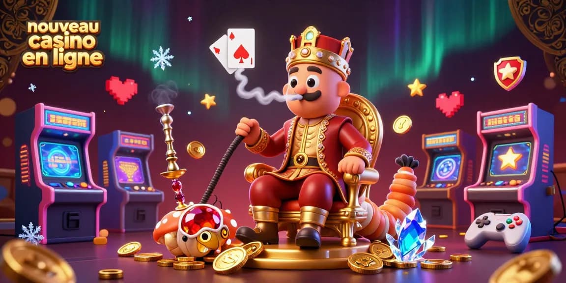 Profitez d'un nouveau casino en ligne avec une illustration animée riche en détails et symboles de jeu.