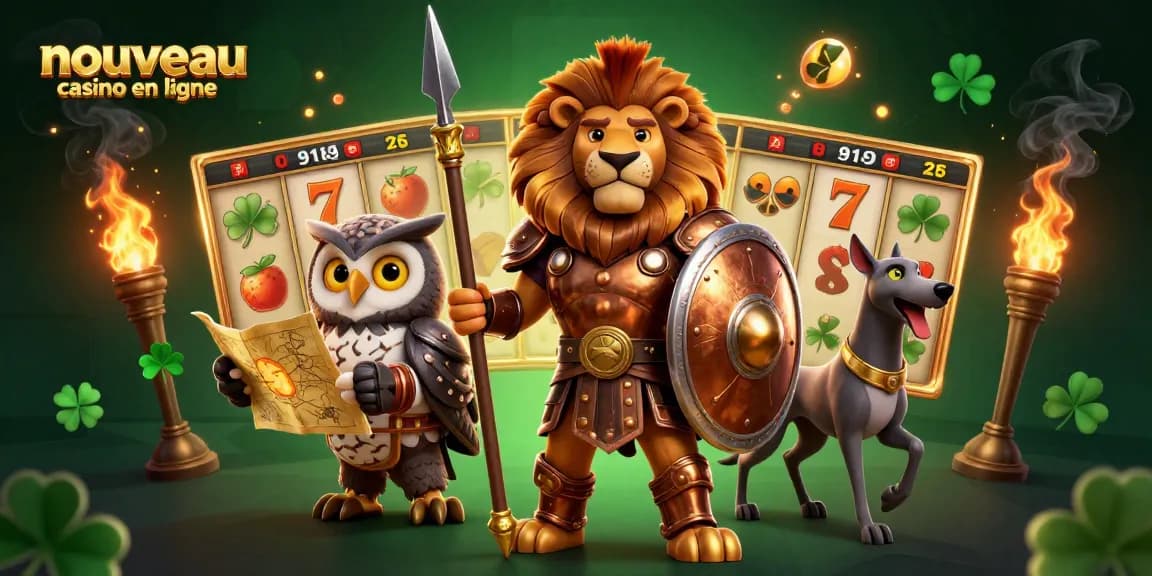Art illustratif dynamique d'un nouveau casino en ligne avec un lion, un hibou et un lévrier.