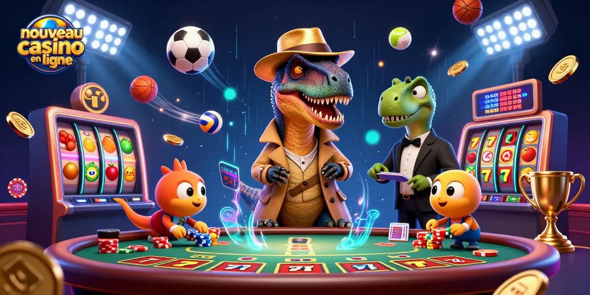 Illustration d'un nouveau casino en ligne avec un vélociraptor jouant aux cartes au blackjack et des éléments de jeux dynamiques.