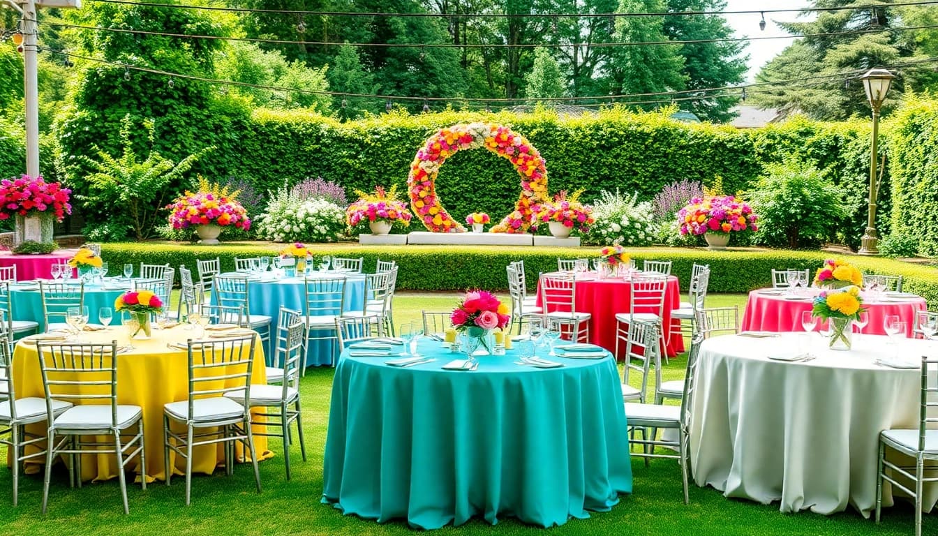 Elegant table rentals arranged in a vibrant outdoor setting, perfect for events.